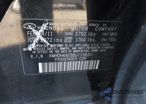 2011 Hyundai Elantra Gls (Ulsan Plant) from USA, damaged, VIN KMHDH4AE8BU113830